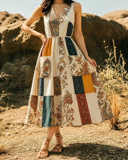 Helma™ | Vintage Patchwork Buikcamouflerende Midi Jurk