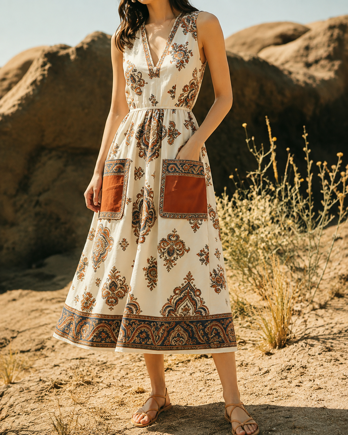 Helma™ | Vintage Patchwork Buikcamouflerende Midi Jurk