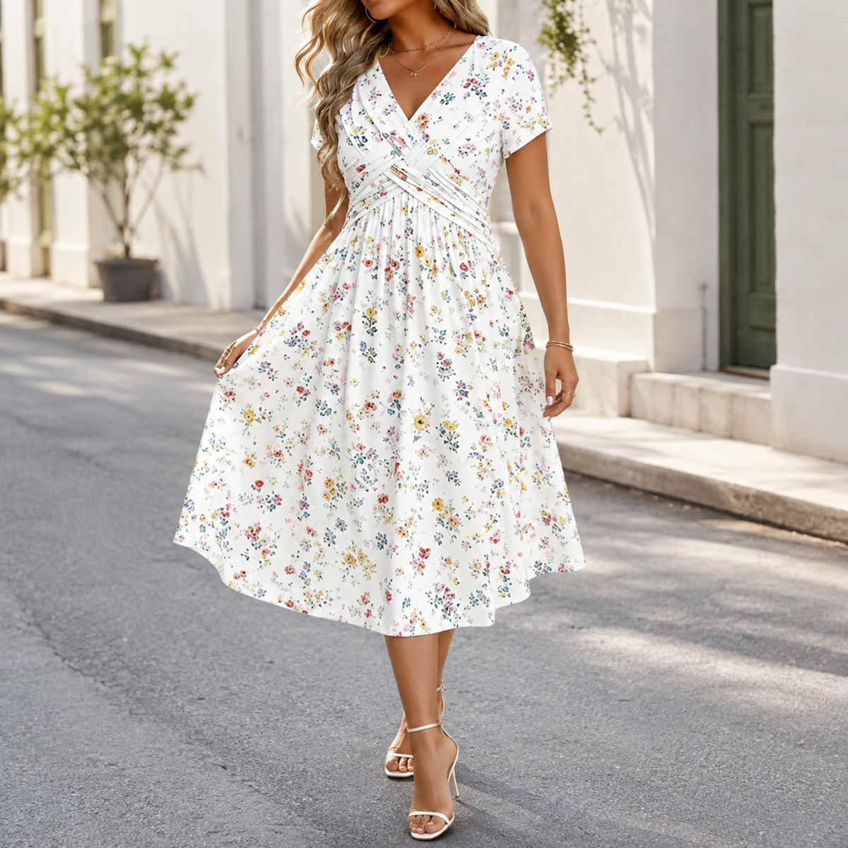 Marloes™ | Gebloemde Buikcamouflerende Midi Jurk Met V-Hals