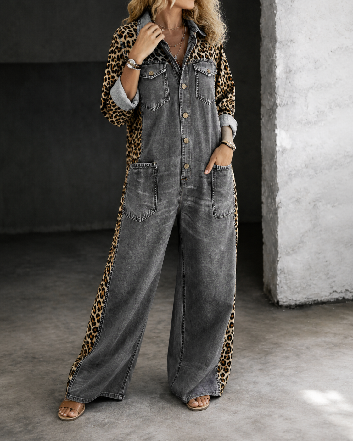 Aven™ | Denim-Look Jumpsuit Met Luipaardprint