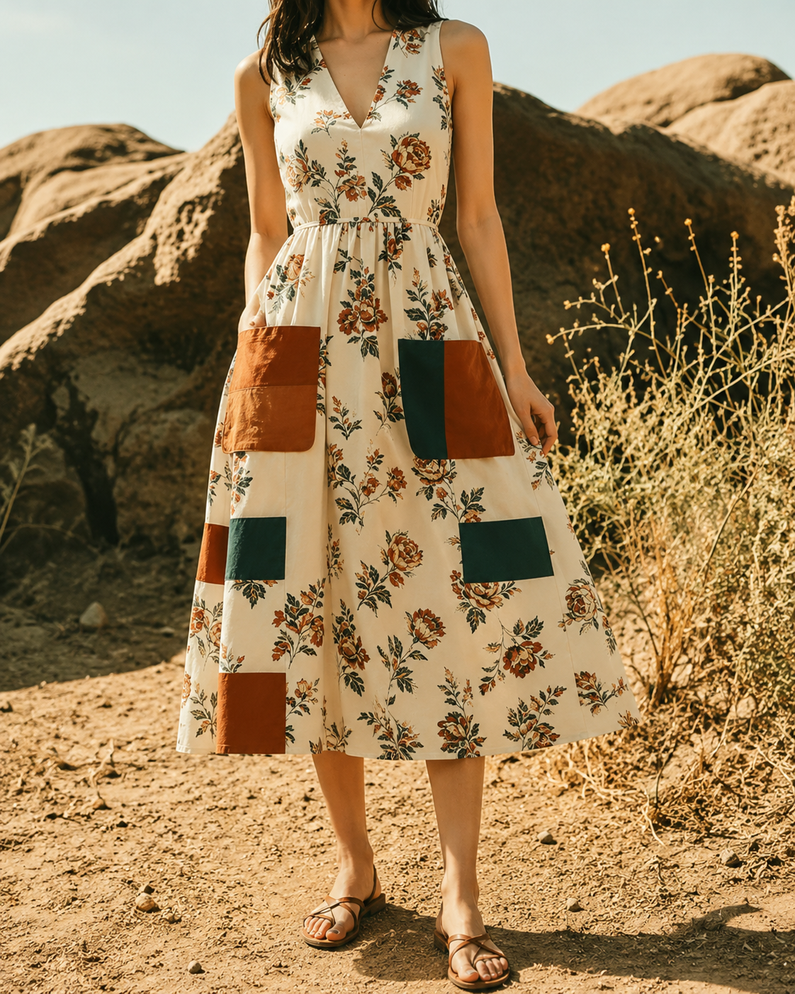 Helma™ | Vintage Patchwork Buikcamouflerende Midi Jurk