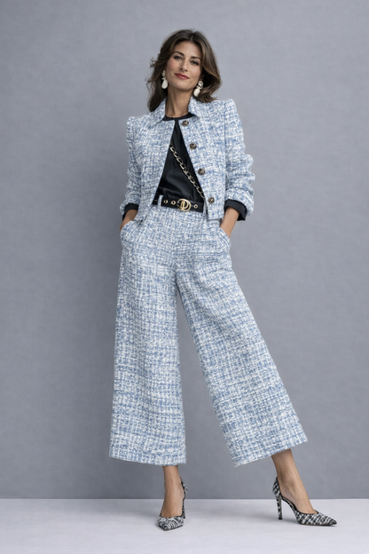 Roos™ | Tweed Tweedelige Set met Jasje en Wijde Broek 3