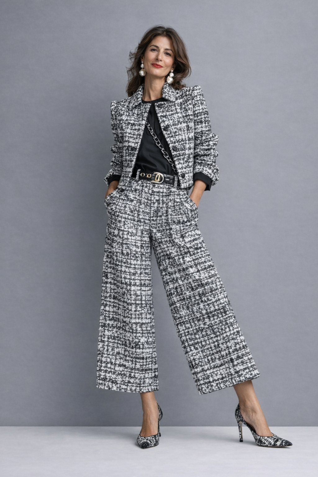 Roos™ | Tweed Tweedelige Set met Jasje en Wijde Broek 2