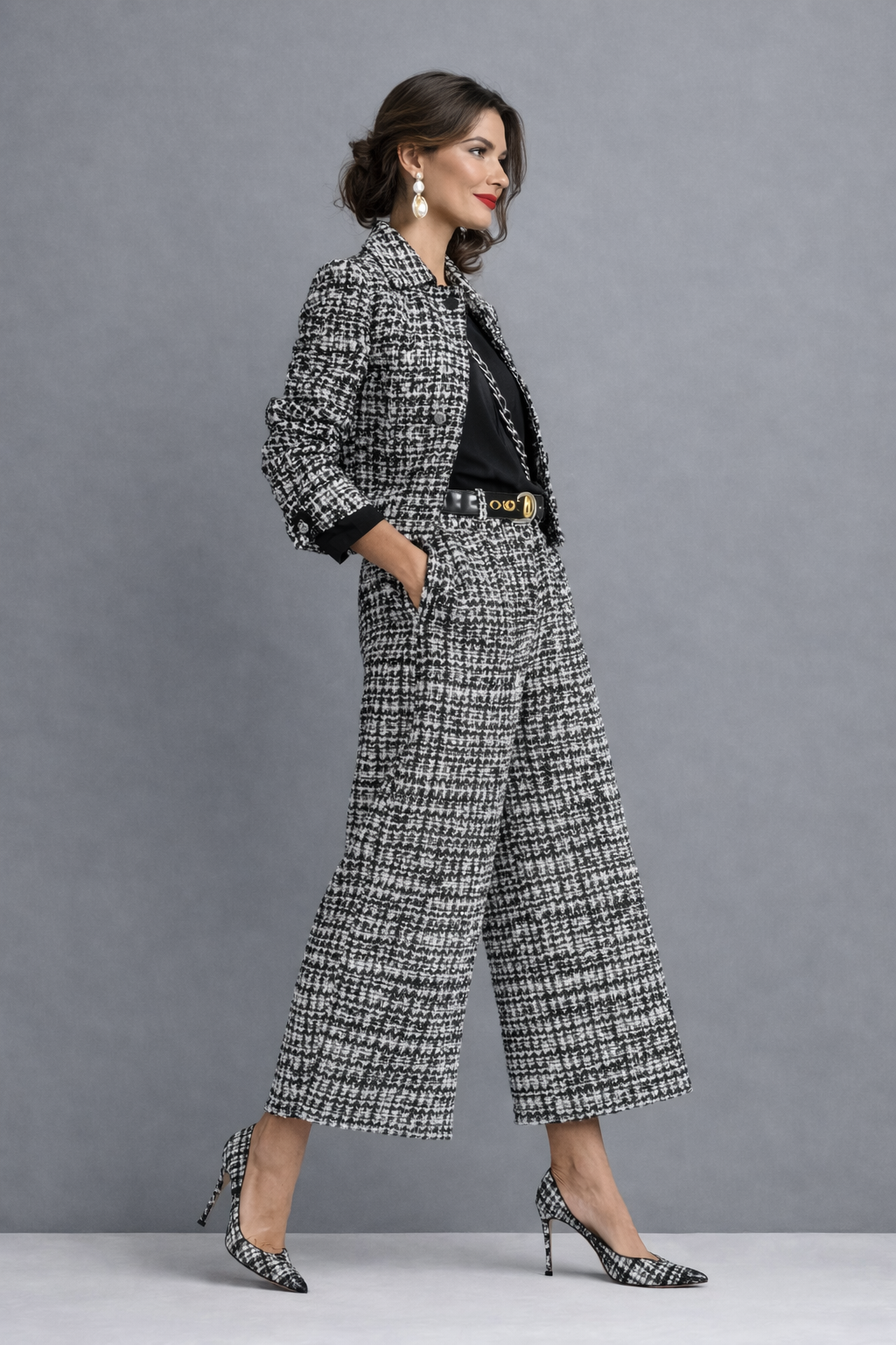 Roos™ | Tweed Tweedelige Set met Jasje en Wijde Broek 4