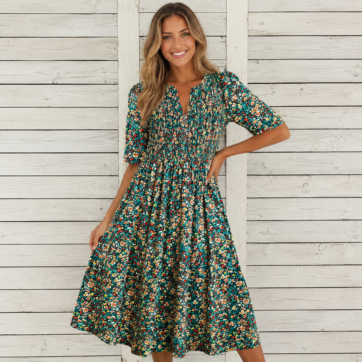 Danica™ | Soepelvallende Bloemen Midi Jurk