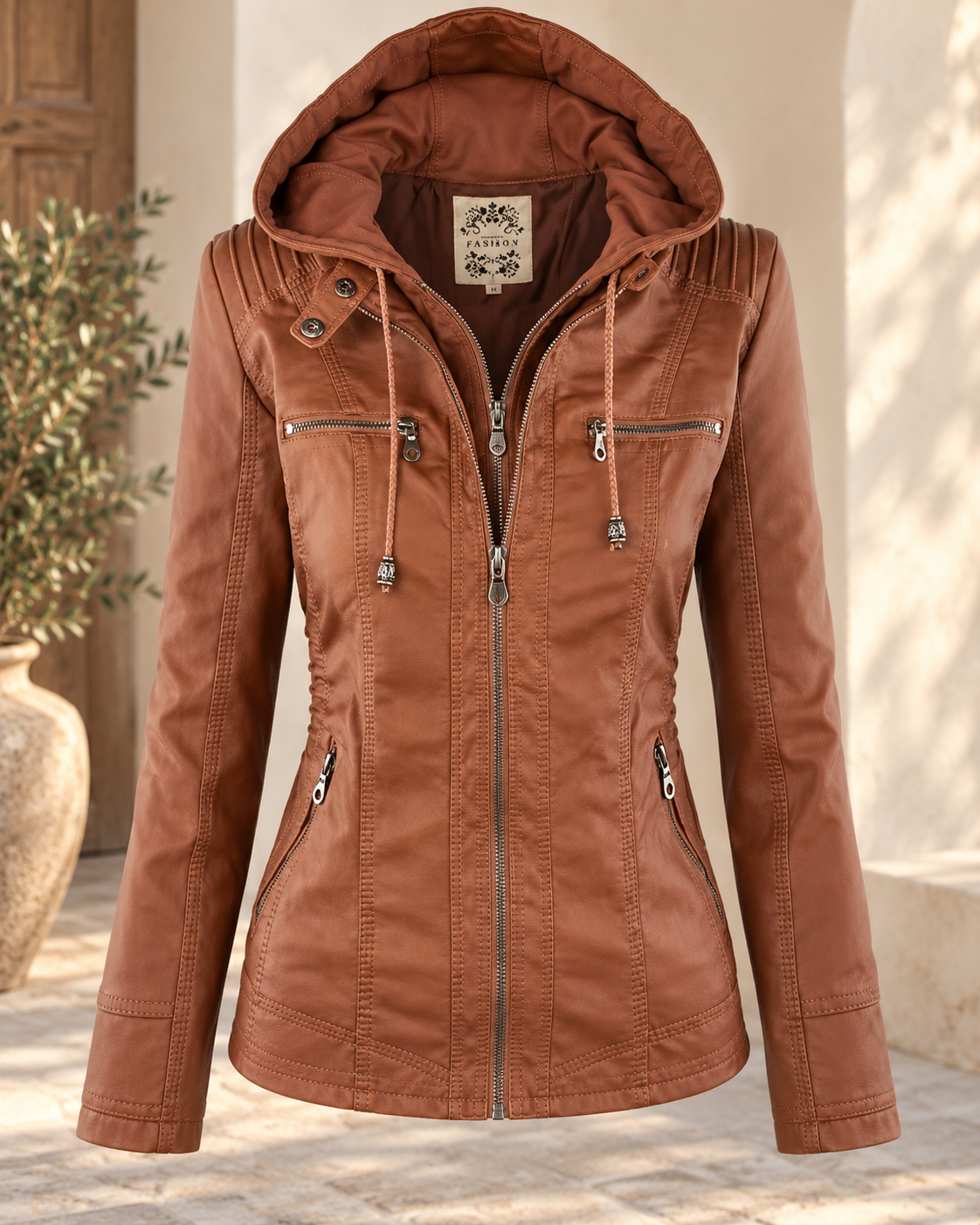 Noëlle™ | Elegante Lerenlook Jas met Capuchon