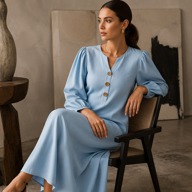 Astrid™ | Buikbedekkende Maxi Jurk Met V-Hals En Zakken